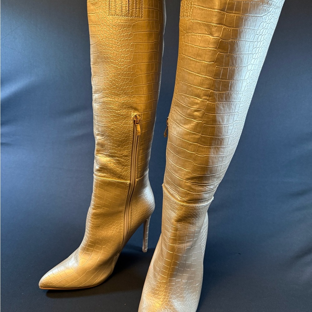 Gold Croc-Embossed Knee-High Boots